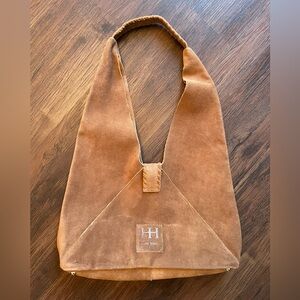 NEW READ Haute Hippie Camel Brown Triangle Hobo Bag 100% Genuine Suede 14x9”